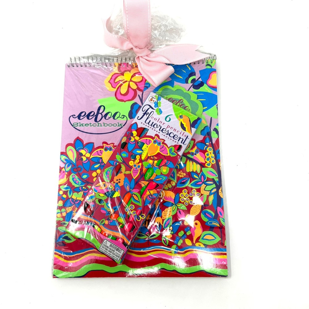 Pottery Barn Kids‎ eeBoo Owl Sketchbook & Fluorescent Color Pencils Gift Set NEW